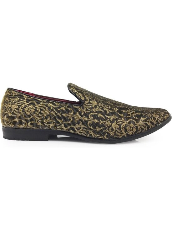 Enzo Romeo Men\'s Gold Vintage Satin Silky Floral Loafer Slip On Tuxedo Shoes